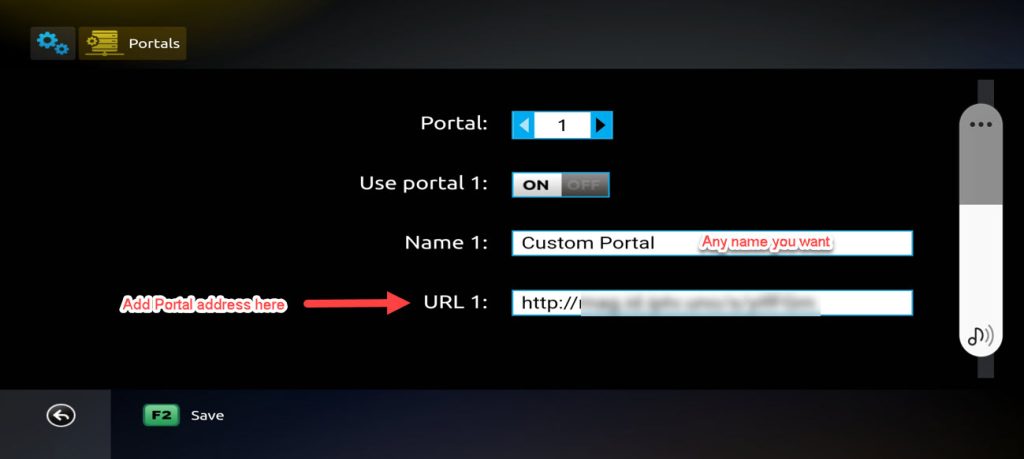 Configuración de portal donde se introduce la dirección URL del proveedor IPTV