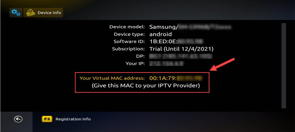 información del dispositivo mostrando la dirección MAC virtual que debe compartirse con el proveedor IPTV
