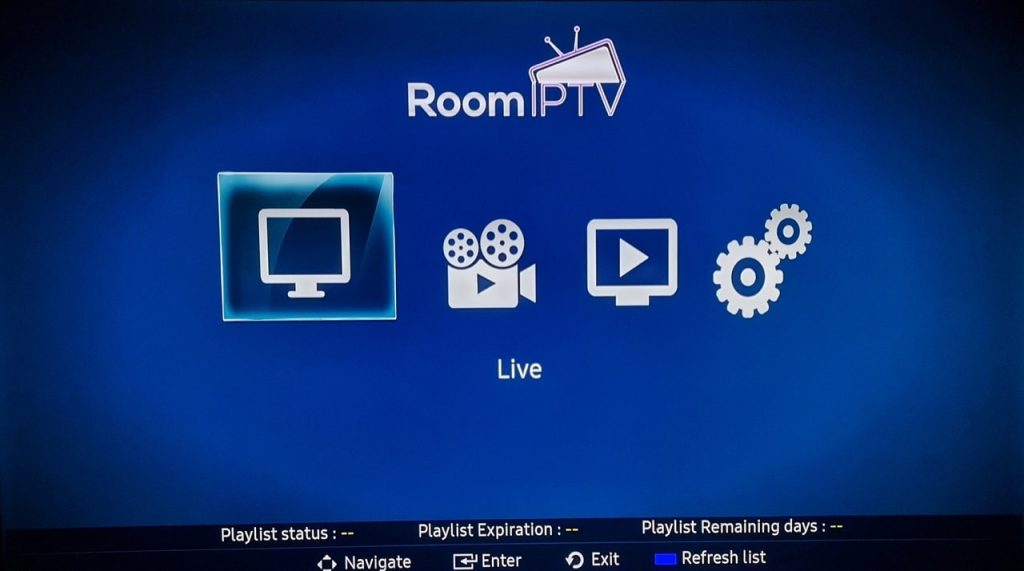 Interfaz principal de Room IPTV mostrando el menú de navegación con opciones de Live, Video y Configuración en fondo azul
