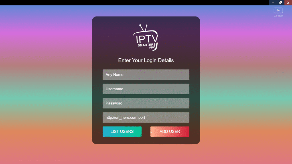 inicio de sesión de IPTV Smarters Pro en Windows con campos para nombre, nombre de usuario, contraseña y URL del servidor, con un fondo degradado en púrpura