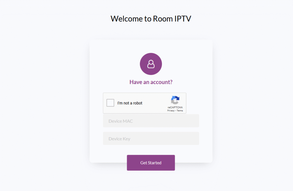 Portal de inicio de sesión web de Room IPTV con campos para introducir dirección MAC y clave del dispositivo

