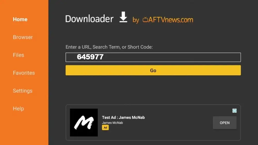 Introduce el código "downloader" de la app SS IPTV en Android TV.