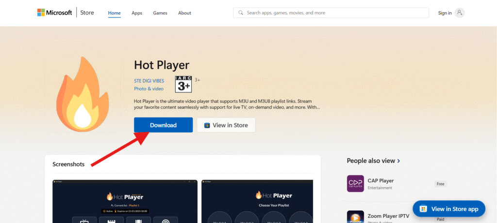Página de descarga de Hot Player en Microsoft Store con el logotipo de la aplicación y el botón de descarga señalado por una flecha roja, mostrando que soporta enlaces de listas de reproducción M3U y M3U8