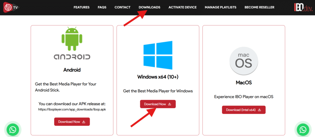 Página oficial de descarga de IBO Player con el botón de descarga para Windows x64.