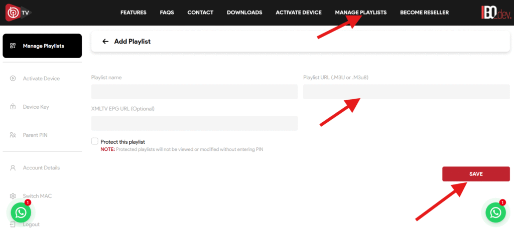 Interfaz de gestión de listas de reproducción de IBO Player mostrando dónde añadir la URL de lista M3U con flechas rojas apuntando al campo URL y al botón de guardar