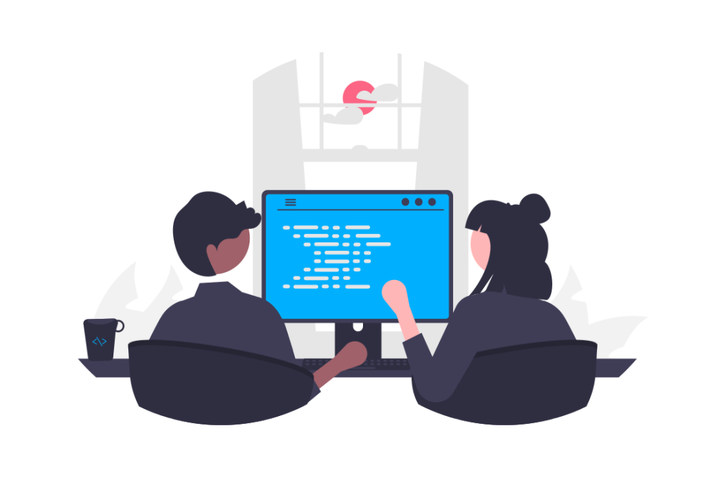 Ilustración de dos compañeras de trabajo en una PC