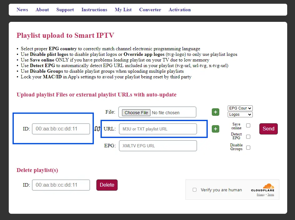 Agregue la dirección MAC y el enlace M3U en el sitio web de Smart IPTV para agregar una lista de IPTV al dispositivo
