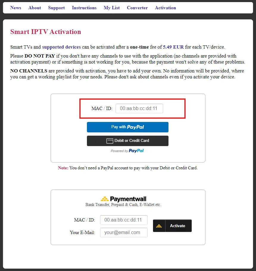 Agregue la dirección MAC en el sitio web de Smart IPTV para activar la aplicación.